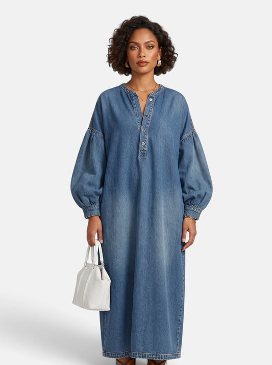 Womens Denim Button-Front Lantern Sleeve Maxi Dress - Blue - Hero