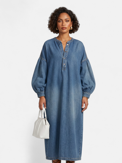 Womens Denim Button-Front Lantern Sleeve Maxi Dress - Blue - Hero