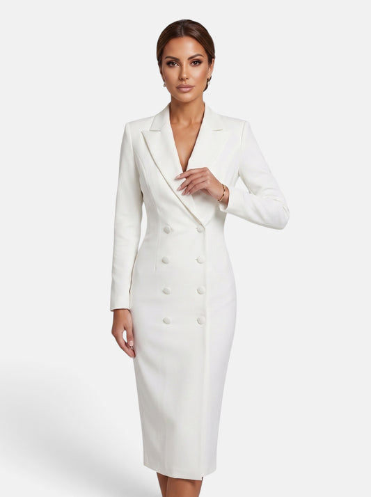 Women's white double-breasted blazer dress hero shot