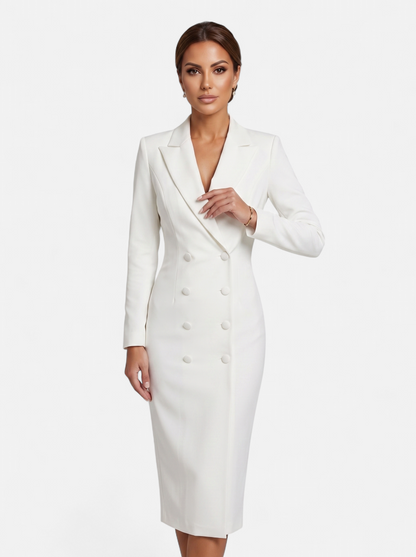 Women's white double-breasted blazer dress hero shot