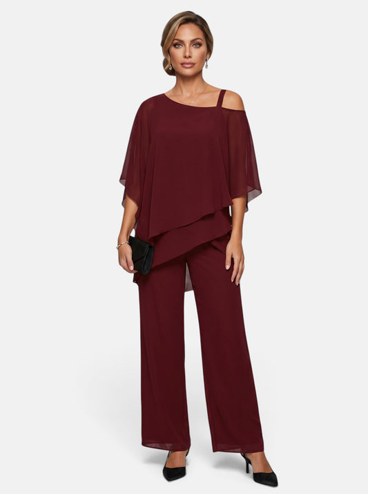 Venatte elegant burgundy two-piece set featuring an off-shoulder bat-sleeve top and wide-leg pants for evening wear.