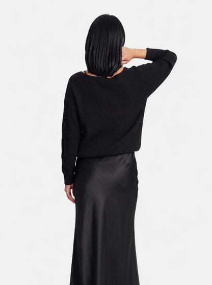 Women's elegant satin skirt and knit sweater set black back shot