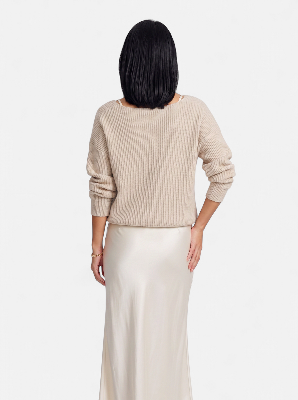 Women's elegant satin skirt and knit sweater set cream back shot
