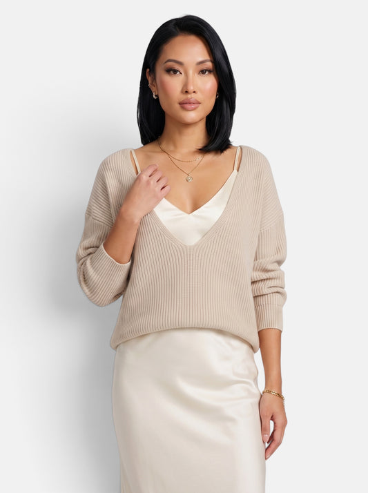 Women's elegant satin skirt and knit sweater set cream hero shot