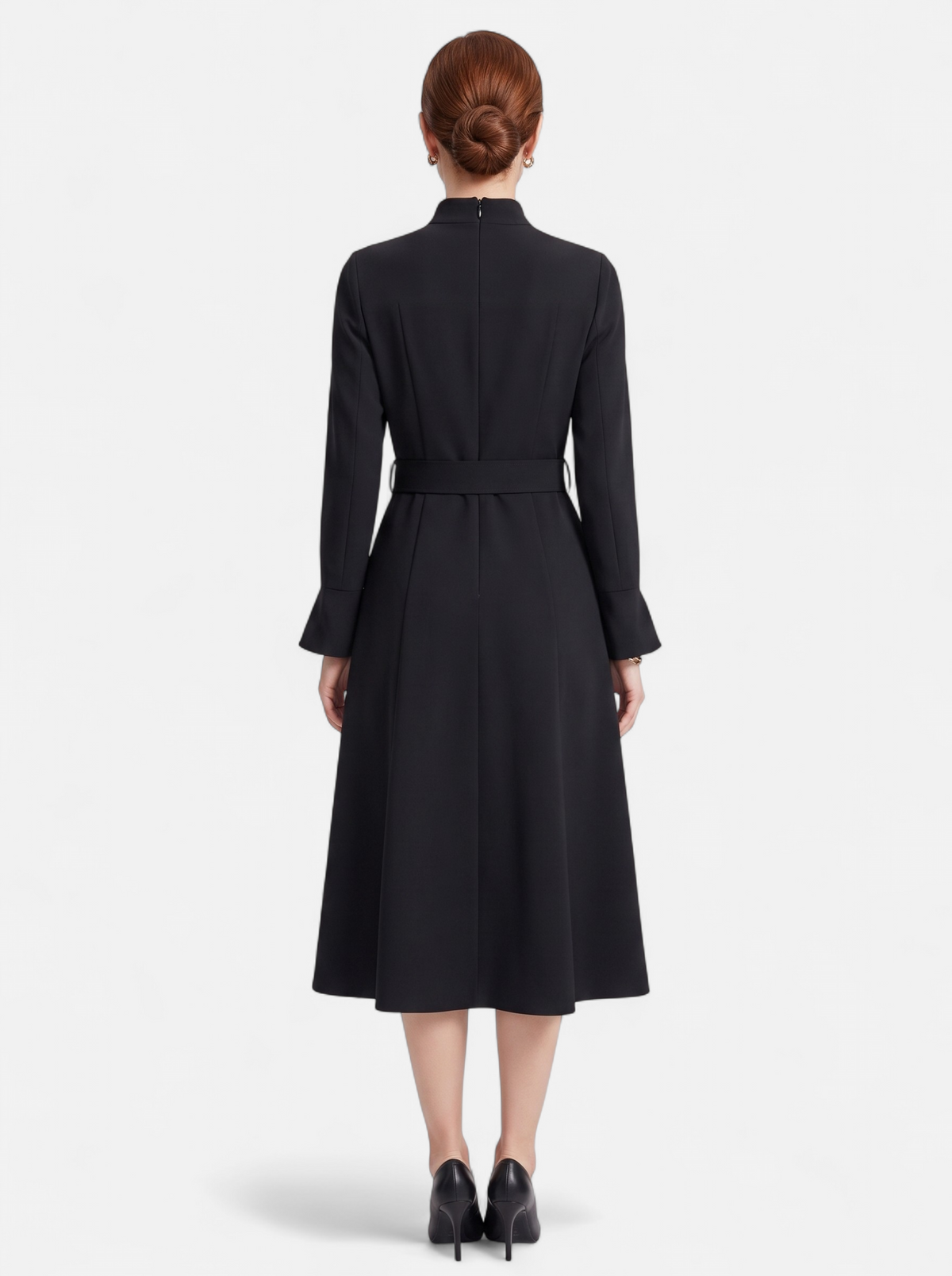 Womens Elegant Turtleneck Belted A-Line Dress Black Back