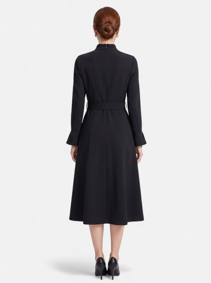 Womens Elegant Turtleneck Belted A-Line Dress Black Back