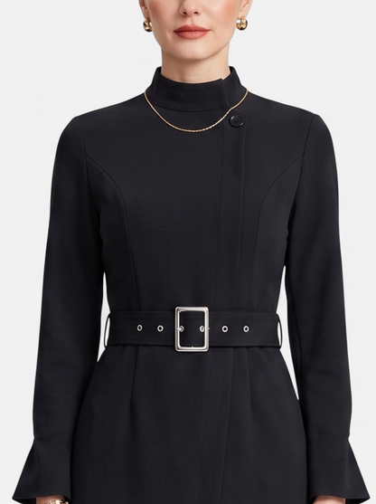 Womens Elegant Turtleneck Belted A-Line Dress Black Detail
