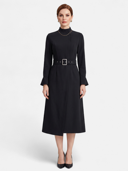 Womens Elegant Turtleneck Belted A-Line Dress Black Full Body