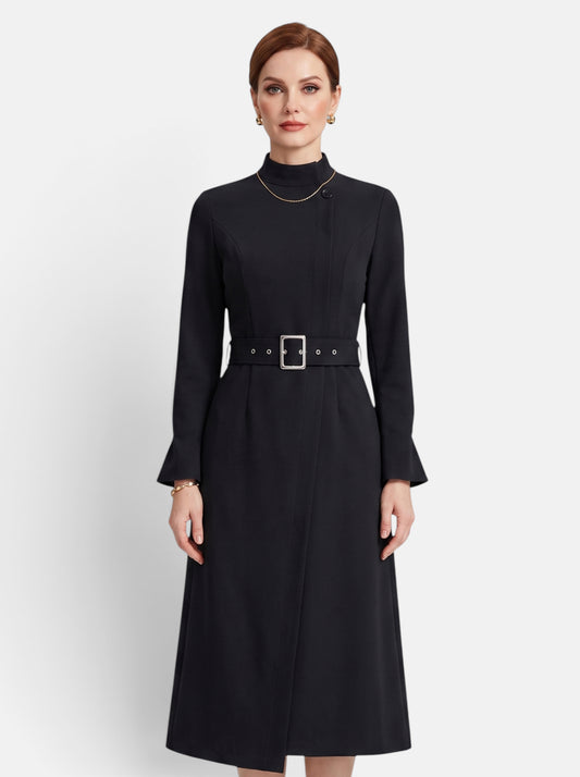 Womens Elegant Turtleneck Belted A-Line Dress Black Hero