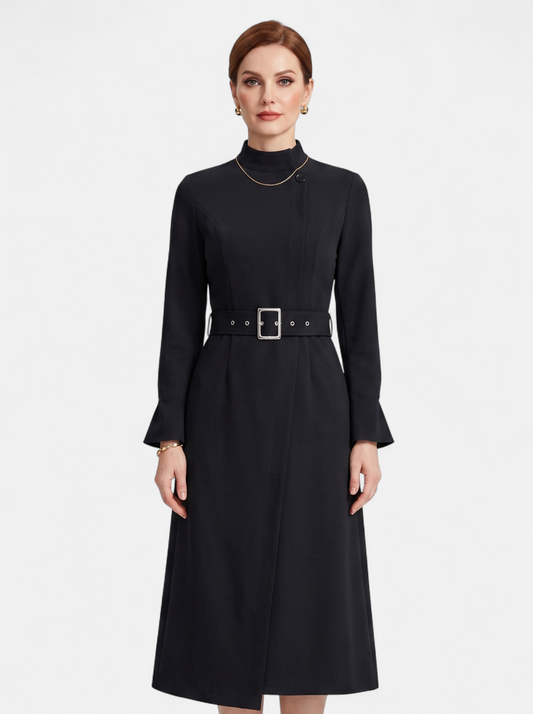 Womens Elegant Turtleneck Belted A-Line Dress Black Hero
