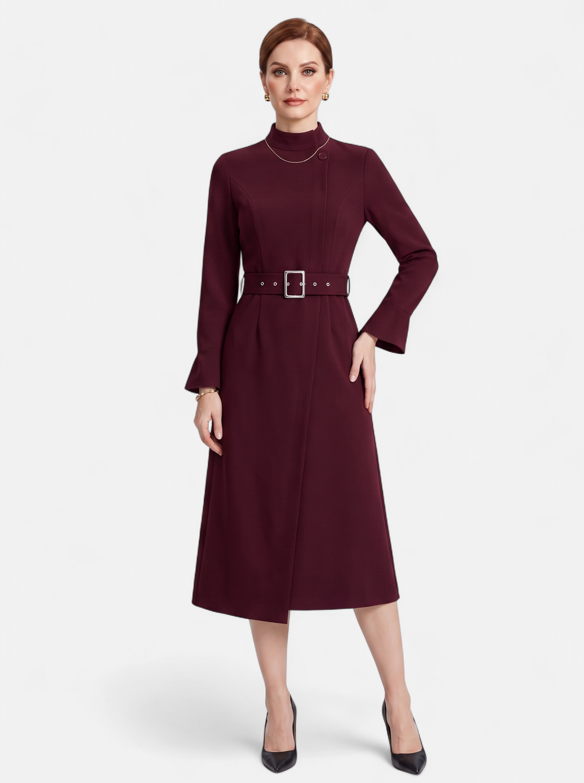 Womens Elegant Turtleneck Belted A-Line Dress Burgundy Full Body