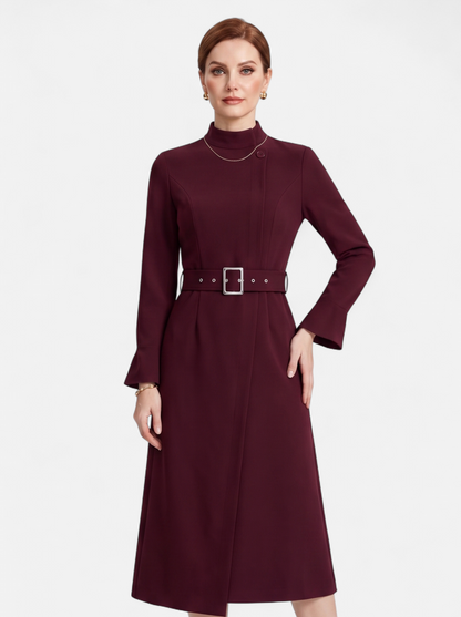 Womens Elegant Turtleneck Belted A-Line Dress Burgundy Hero