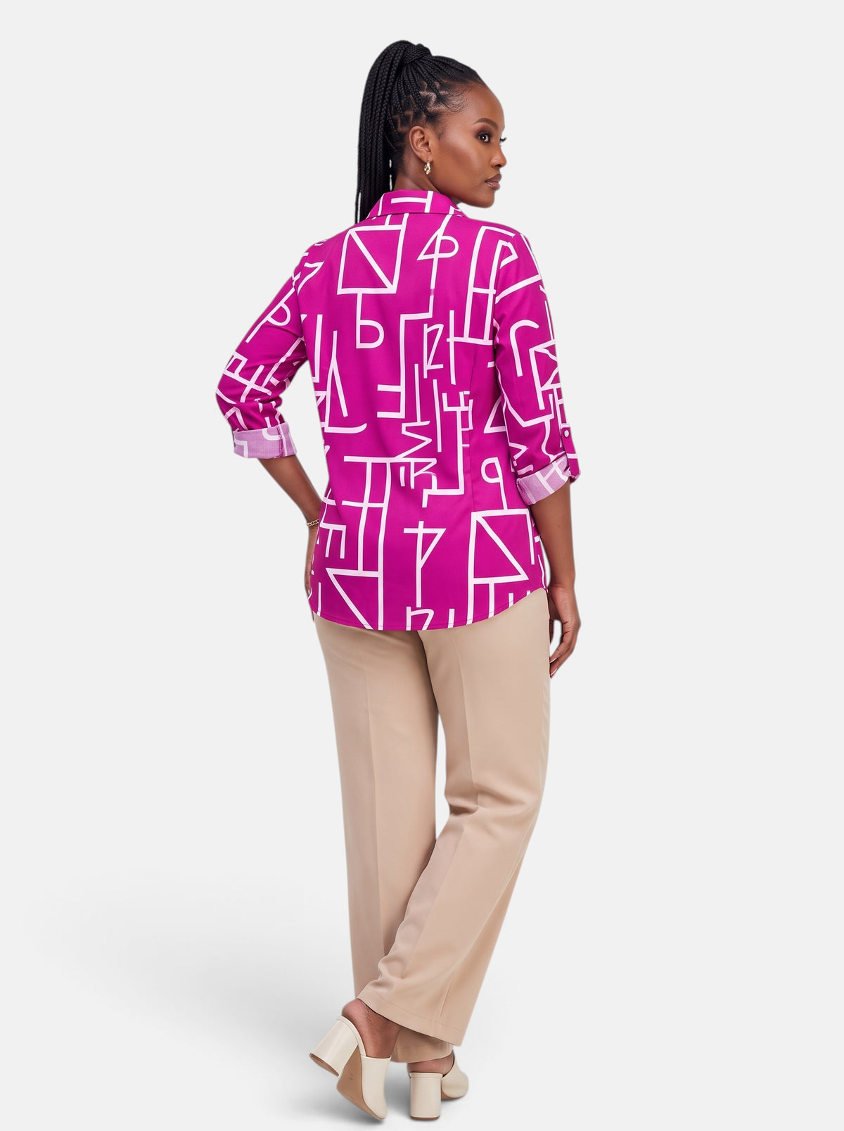 Women's Striped Long Sleeve Slim Fit Office Blouse in Fuchsia - Back