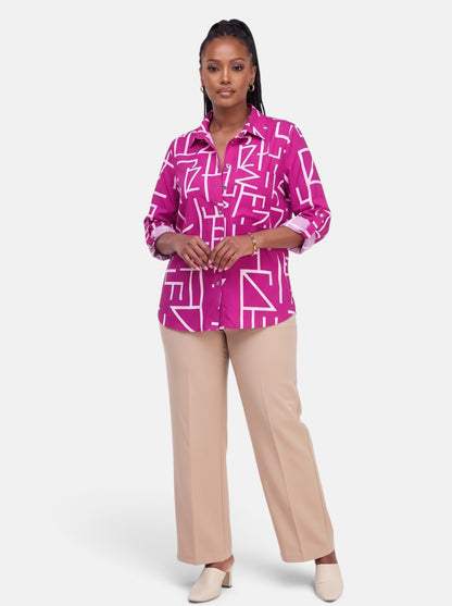 Women's Striped Long Sleeve Slim Fit Office Blouse in Fuchsia - Full Body