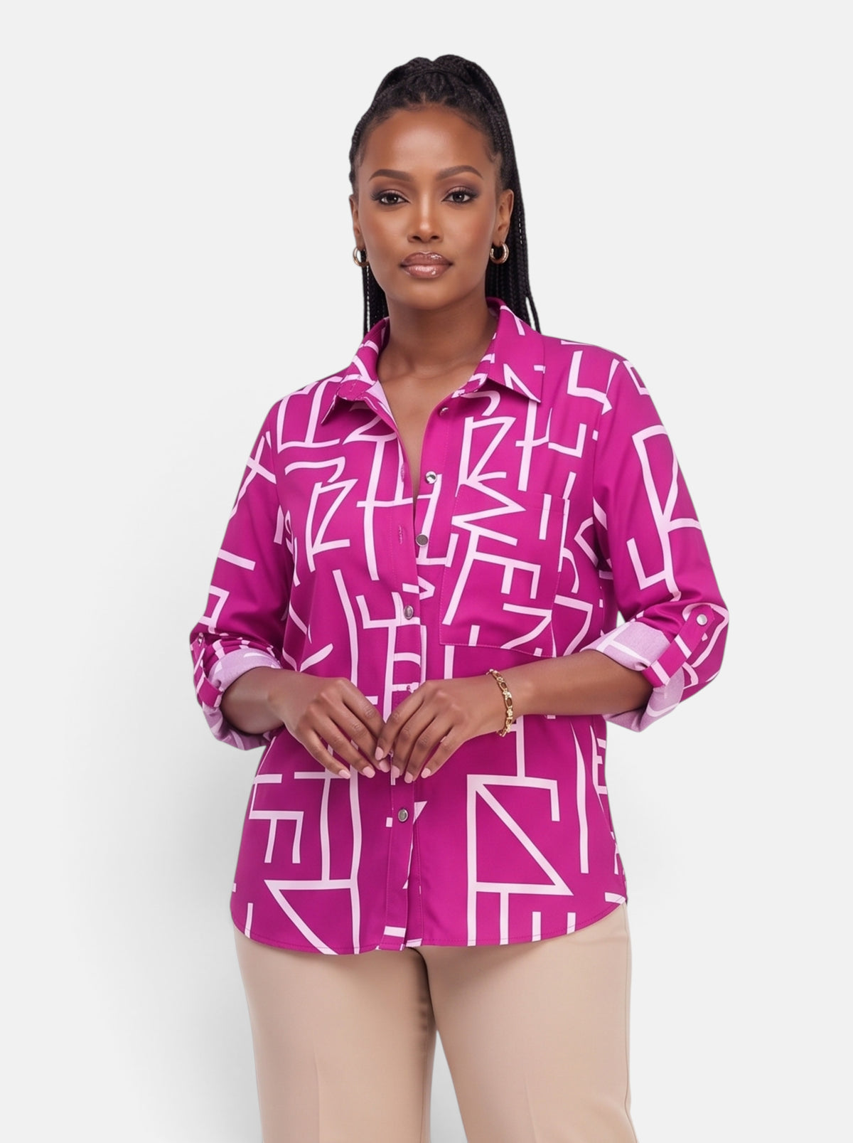 Women's Striped Long Sleeve Slim Fit Office Blouse in Fuchsia - Hero