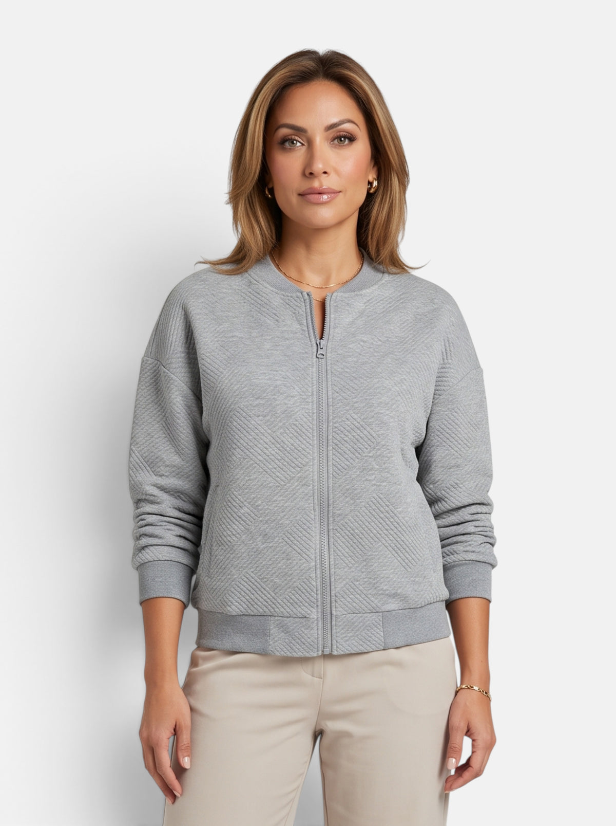 Women's Gray Cozy Zip-Up Knit Cardigan Jacket - Front