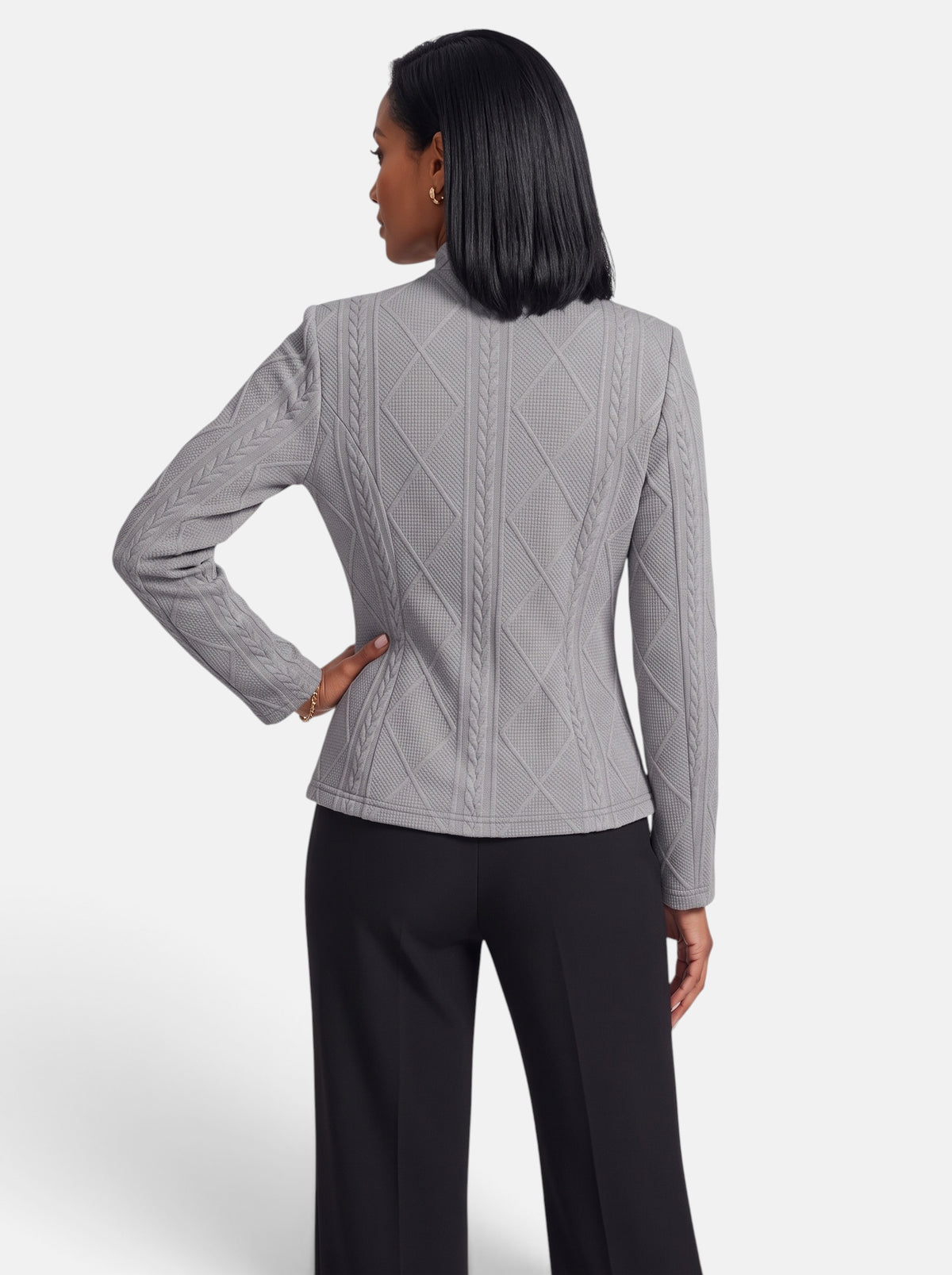 Women's Gray Polished Slim Fit Button-Up Stand Collar Blazer - Back
