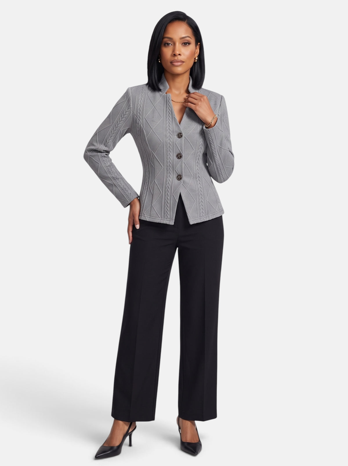 Women's Gray Polished Slim Fit Button-Up Stand Collar Blazer - Full Body