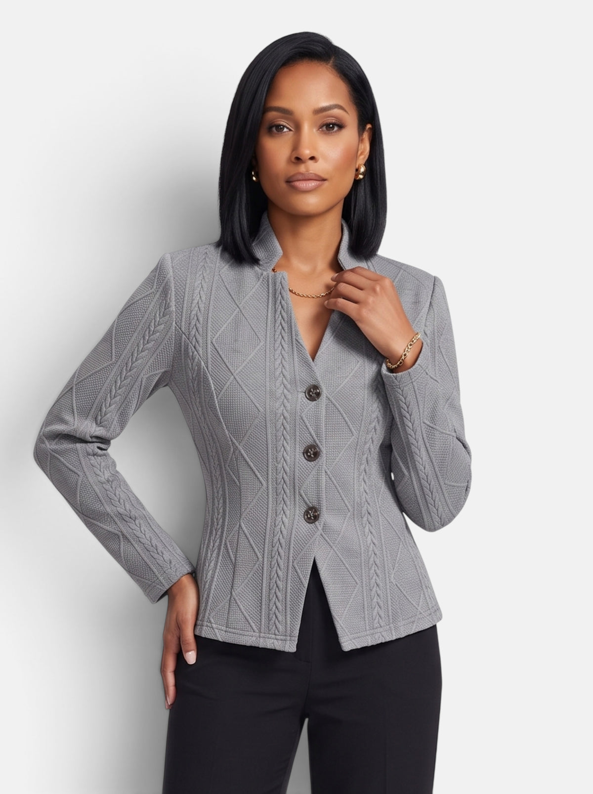 Women's Gray Polished Slim Fit Button-Up Stand Collar Blazer - Front