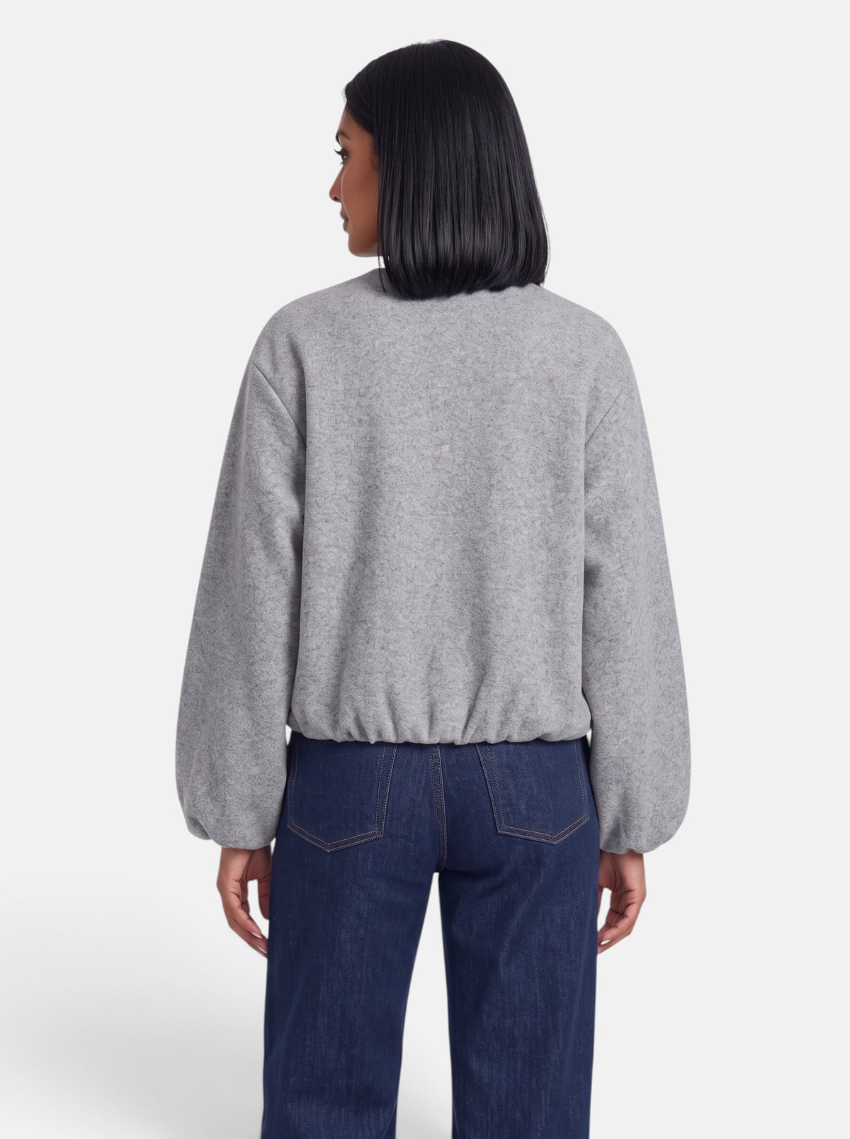 Women's Gray Soft Cropped Round Neck Bomber Jacket - Back