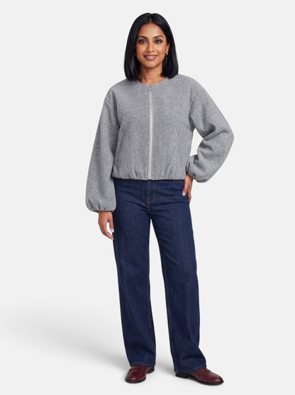 Women's Gray Soft Cropped Round Neck Bomber Jacket - Full Body