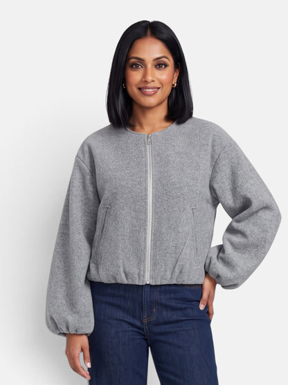 Women's Gray Soft Cropped Round Neck Bomber Jacket - Front