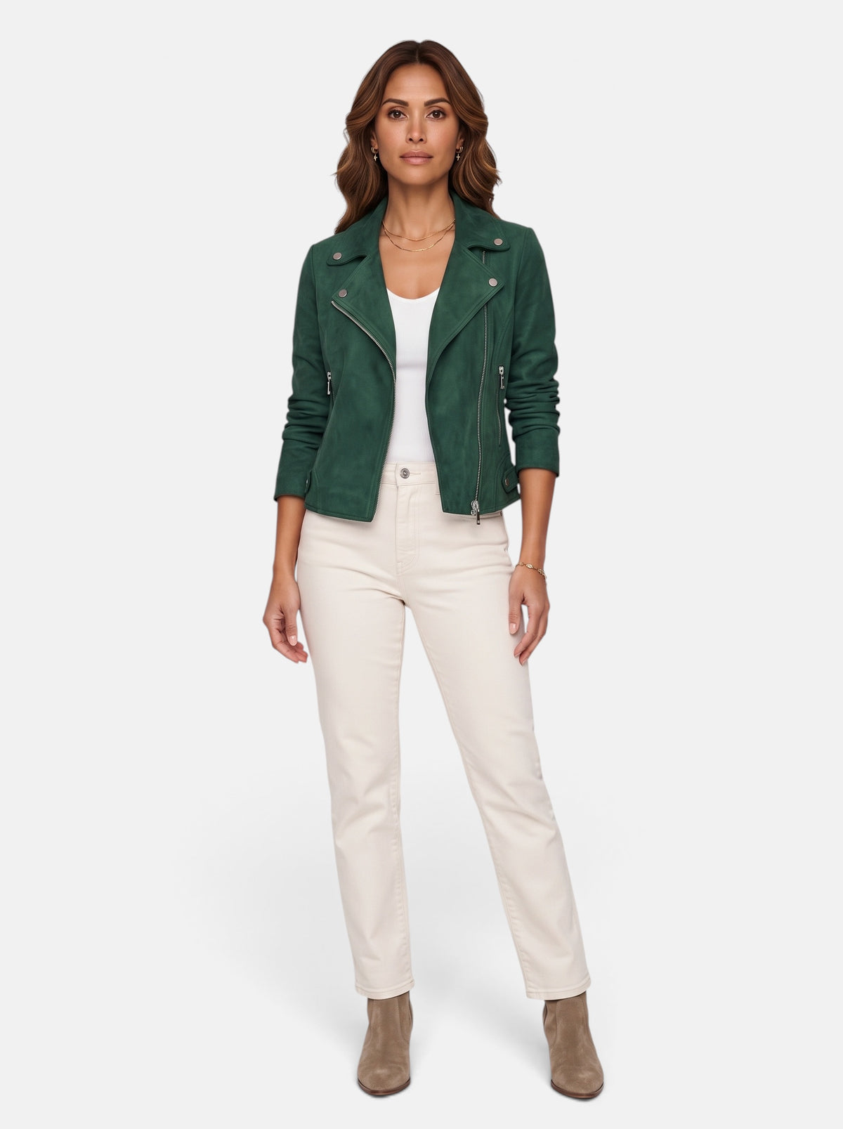 Women's Polished Cropped Zip-Up Slim Fit Jacket in Green - Full Body