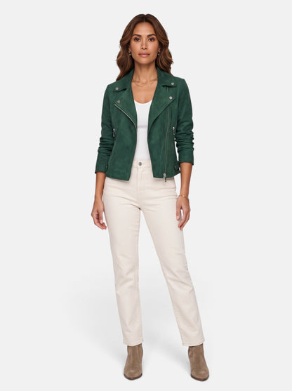 Women's Polished Cropped Zip-Up Slim Fit Jacket in Green - Full Body