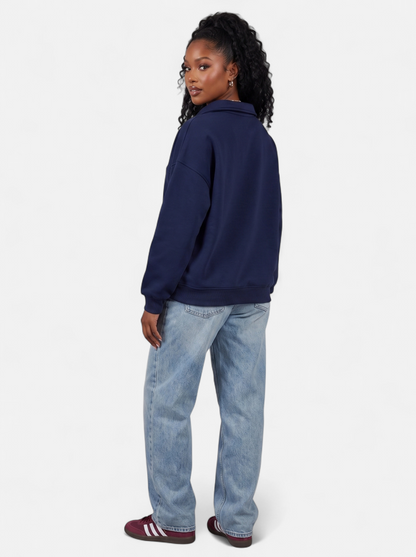 Women's Half-Zip Fleece Pullover Hoodie in Navy - Back
