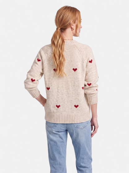 Women's Heart Print Crew Neck Pullover Sweater in Beige - Back