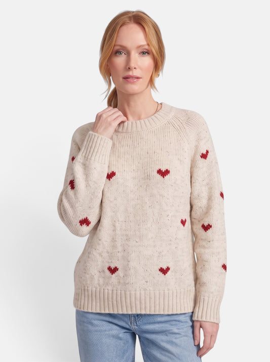 Women's Heart Print Crew Neck Pullover Sweater in Beige - Hero