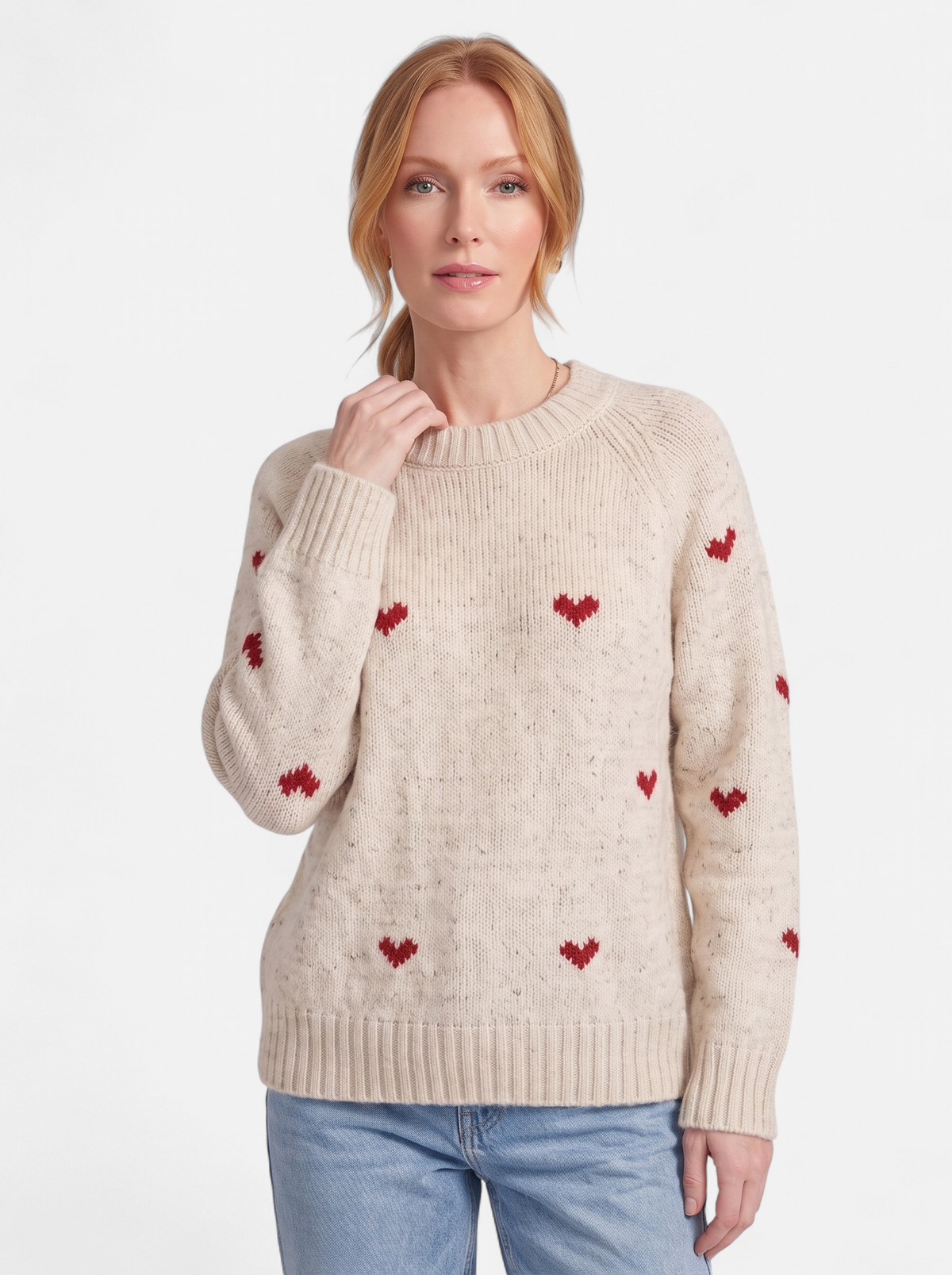 Women's Heart Print Crew Neck Pullover Sweater in Beige - Hero