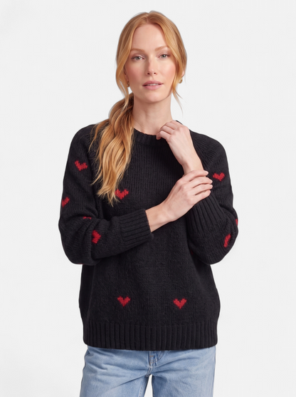 Women's Heart Print Crew Neck Pullover Sweater in Black - Hero