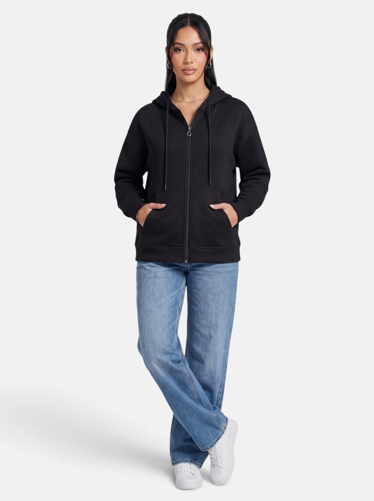 Women's Relaxed-Fit Hooded Zip-Up Jacket in Black - Full Length View