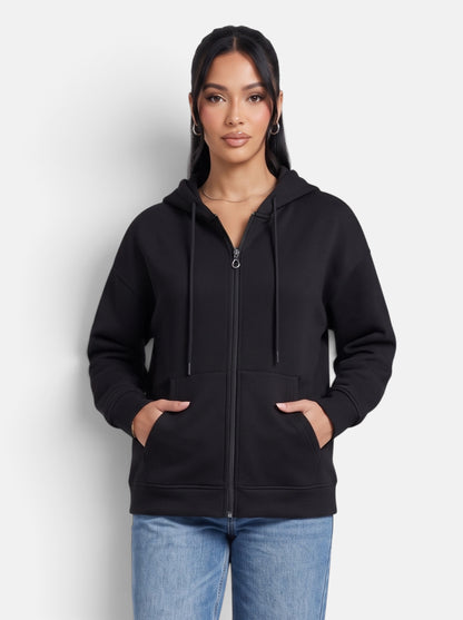 Women's Relaxed-Fit Hooded Zip-Up Jacket in Black - Front View