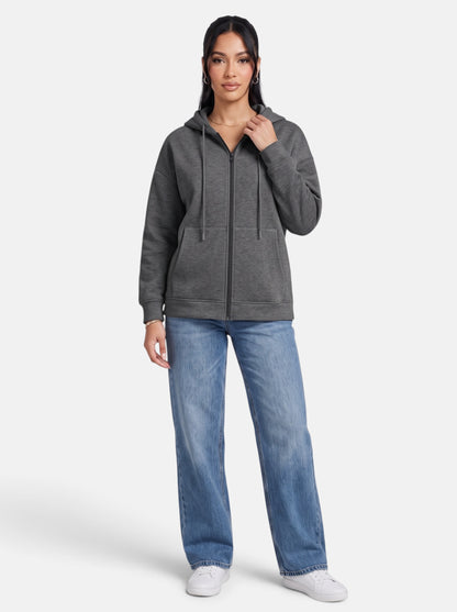 Women's Relaxed-Fit Hooded Zip-Up Jacket in Dark Grey - Full Length View