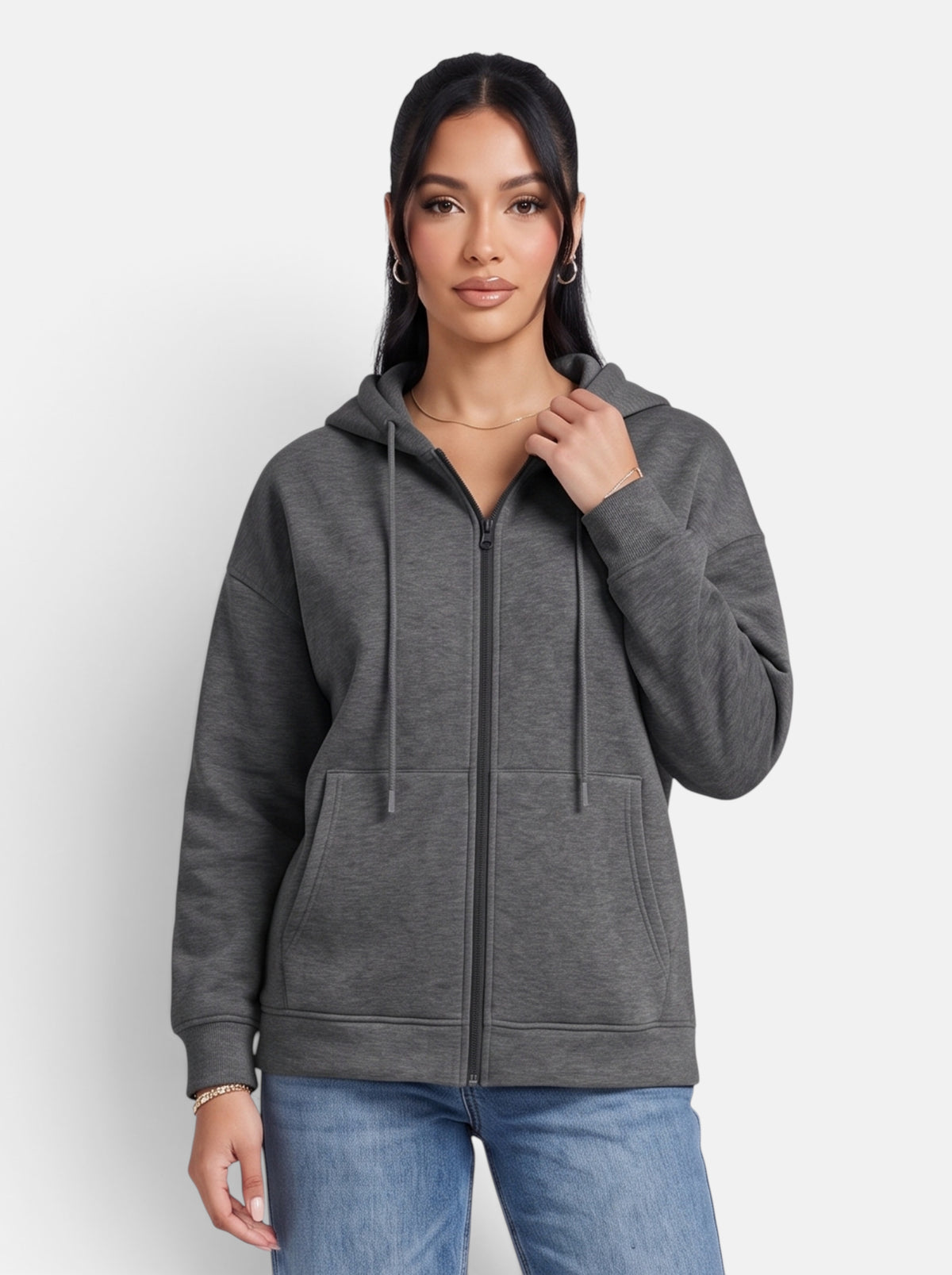 Women's Relaxed-Fit Hooded Zip-Up Jacket in Dark Grey - Front View