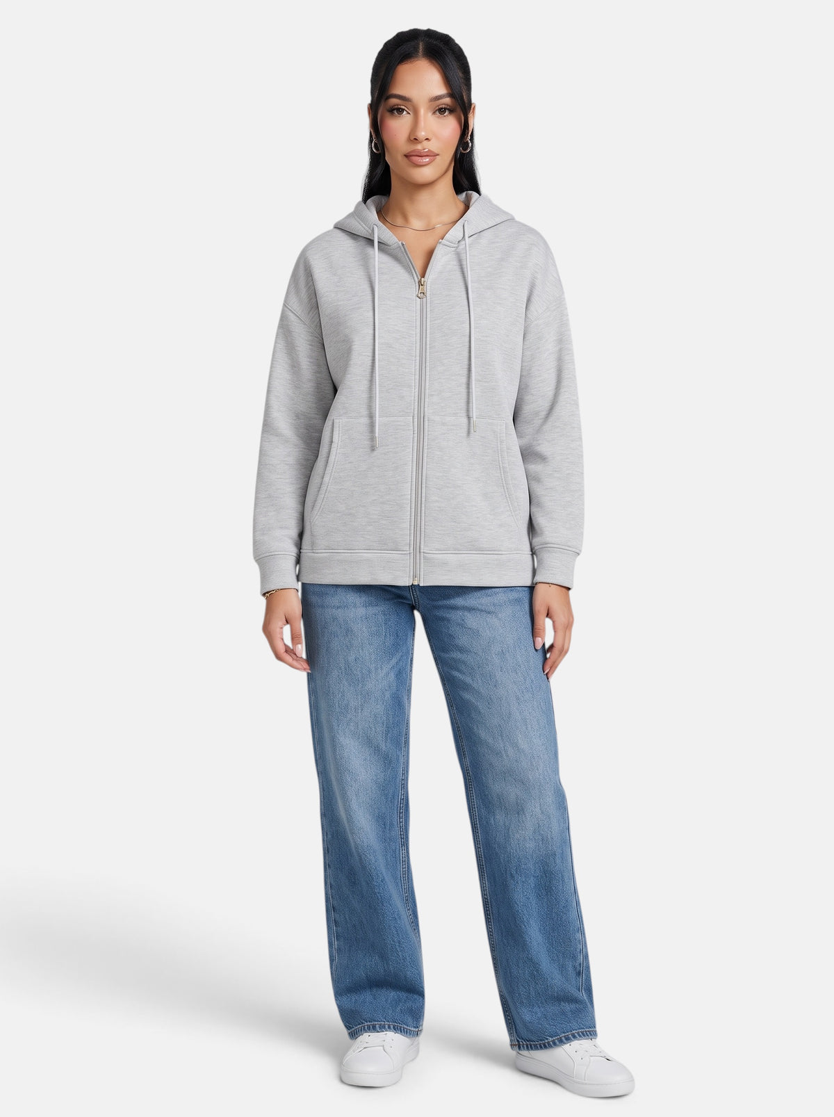 Women's Relaxed-Fit Hooded Zip-Up Jacket in Light Grey - Full Length View