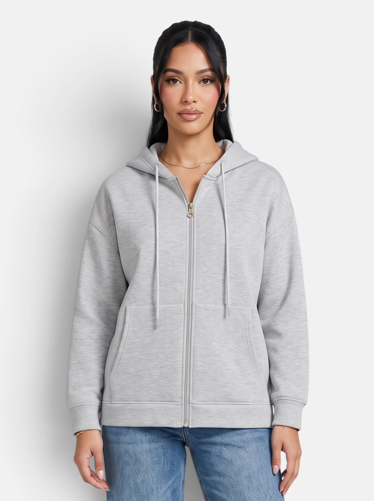 Women's Relaxed-Fit Hooded Zip-Up Jacket in Light Grey - Front View
