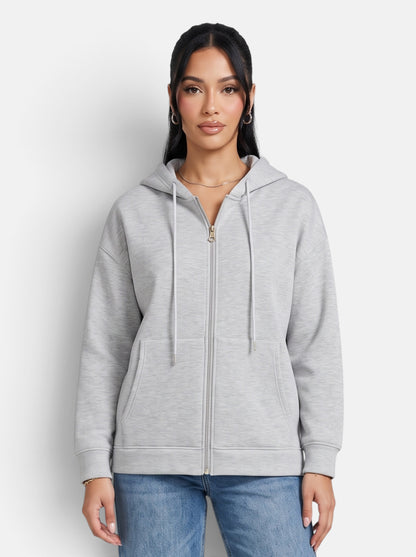 Women's Relaxed-Fit Hooded Zip-Up Jacket in Light Grey - Front View