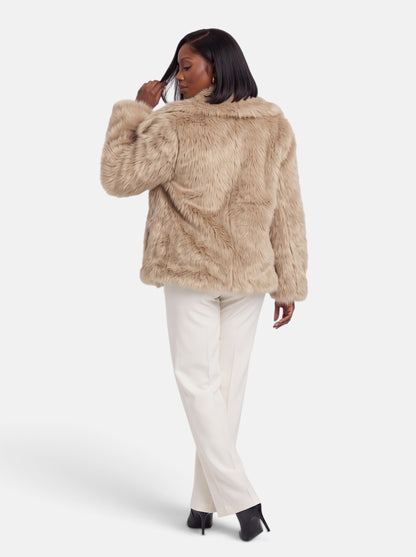 Women's Plush Cropped Faux Fur Party Coat in Khaki - Back