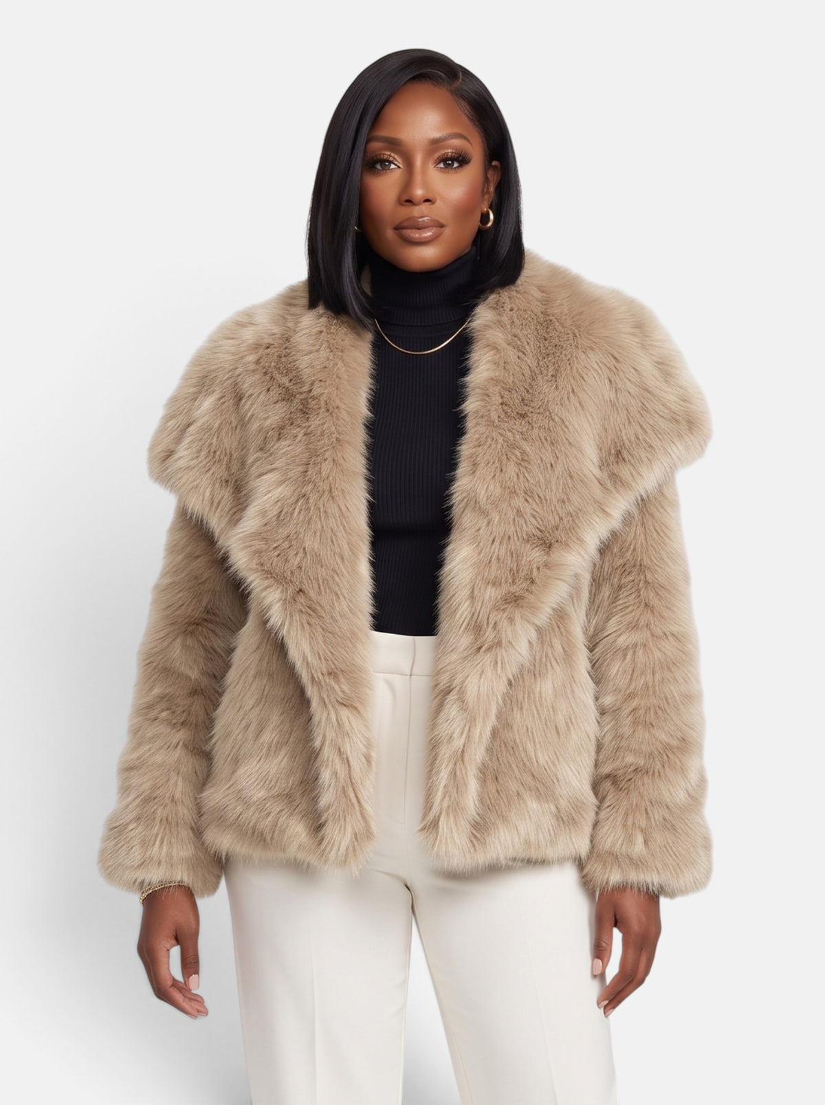 Women's Plush Cropped Faux Fur Party Coat in Khaki - Front