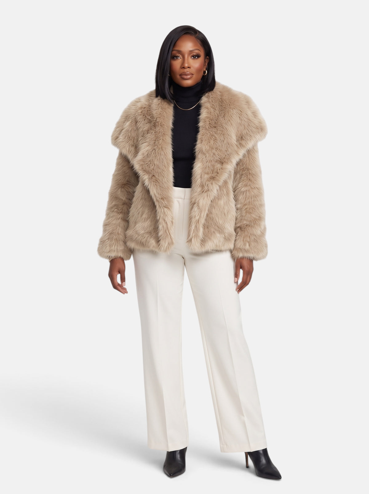 Women's Plush Cropped Faux Fur Party Coat in Khaki - Full