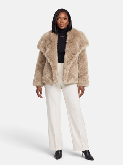 Women's Plush Cropped Faux Fur Party Coat in Khaki - Full