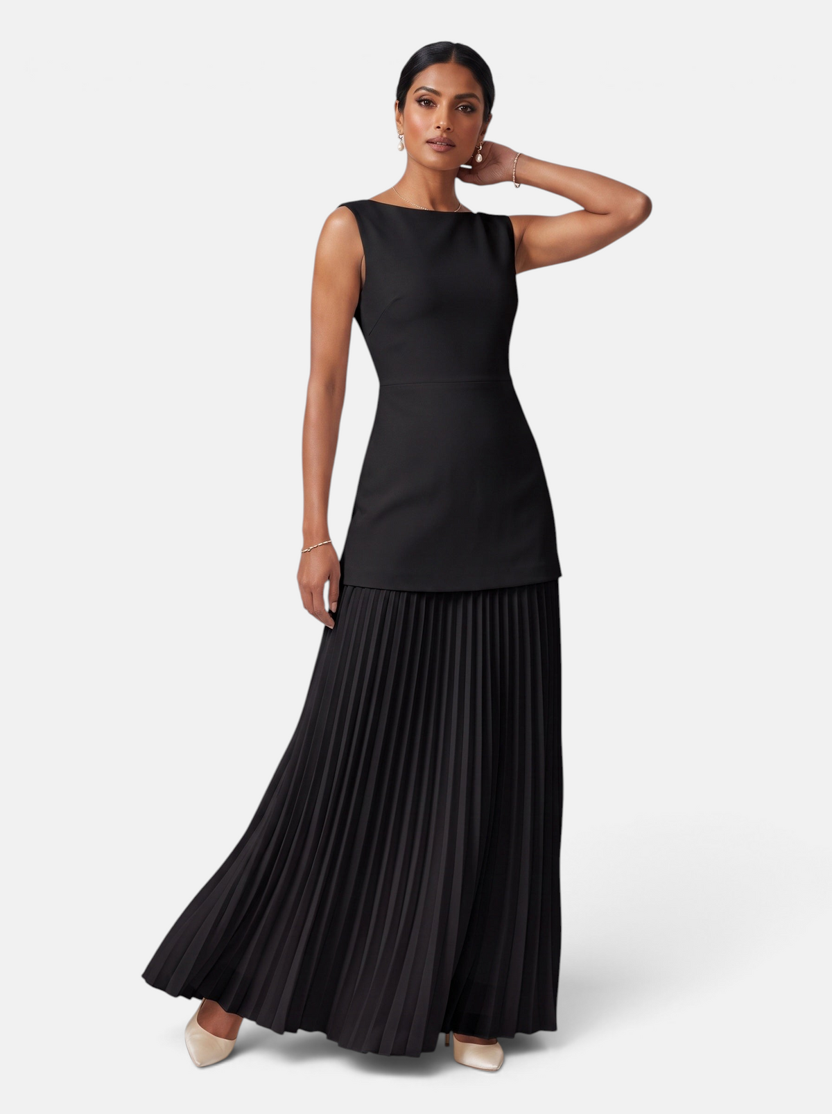 Women's Knit Crop Vest and Pleated Skirt Two-Piece Set in Black - Front View