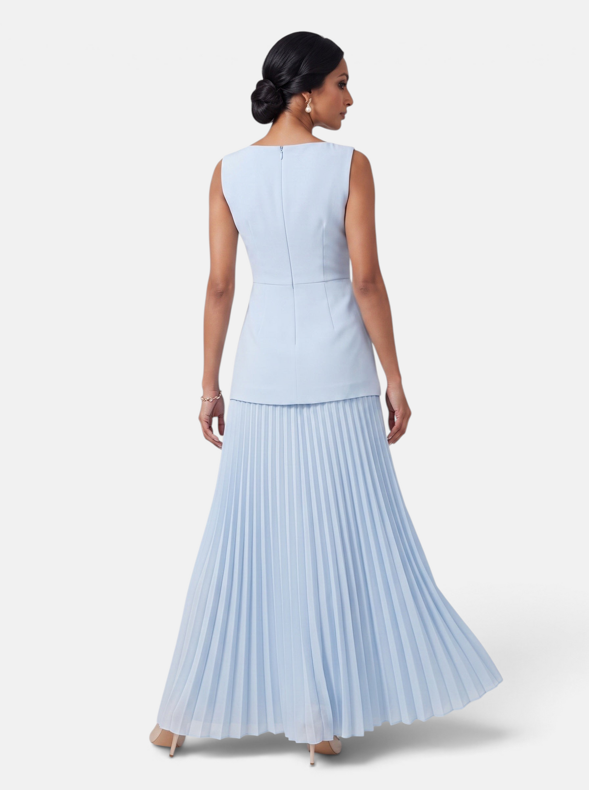 Women's Knit Crop Vest and Pleated Skirt Two-Piece Set in Light Blue - Back View