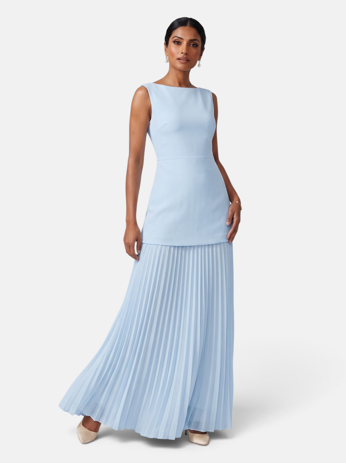 Women's Knit Crop Vest and Pleated Skirt Two-Piece Set in Light Blue - Front View