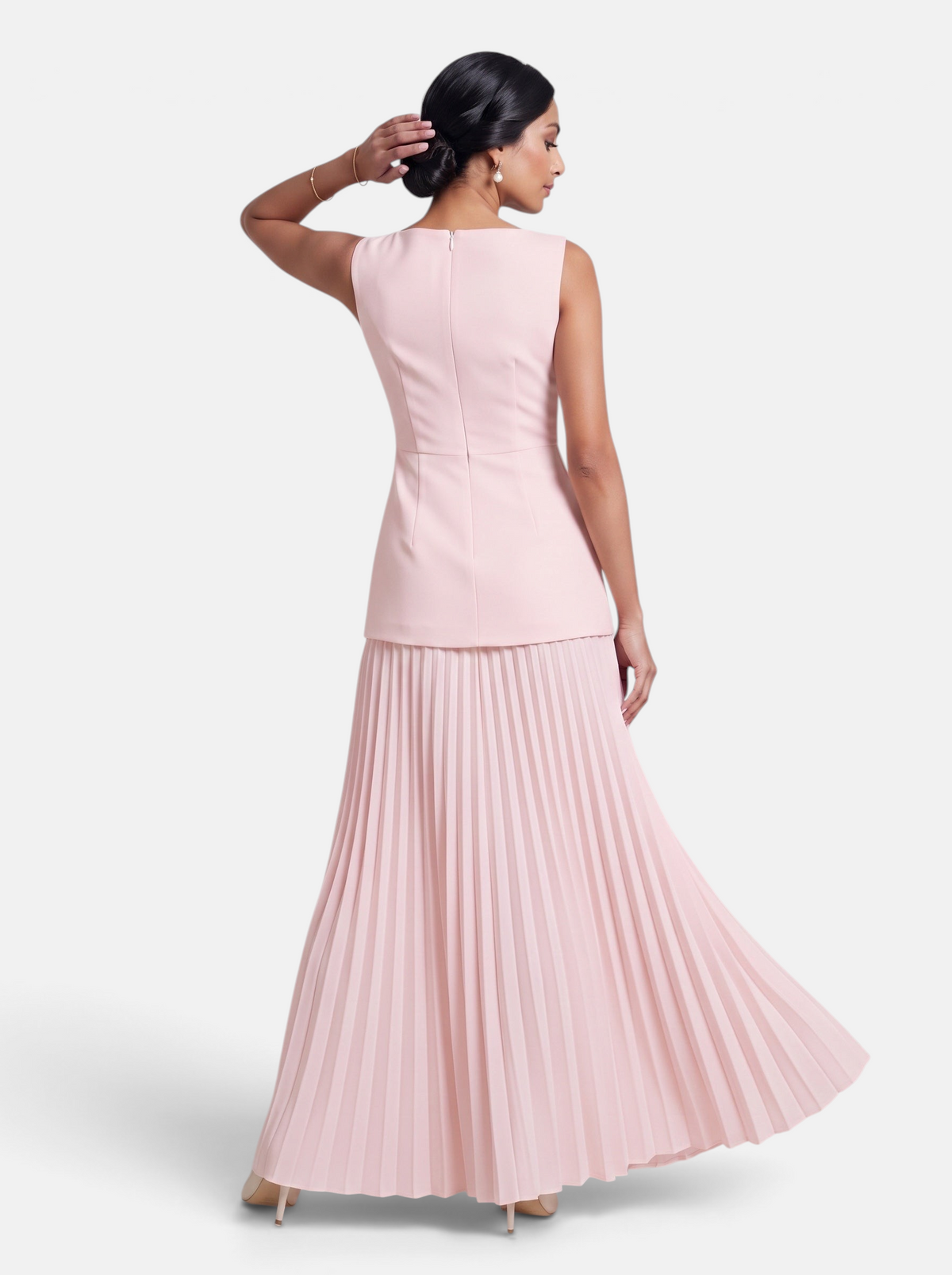 Women's Knit Crop Vest and Pleated Skirt Two-Piece Set in Pink - Back View