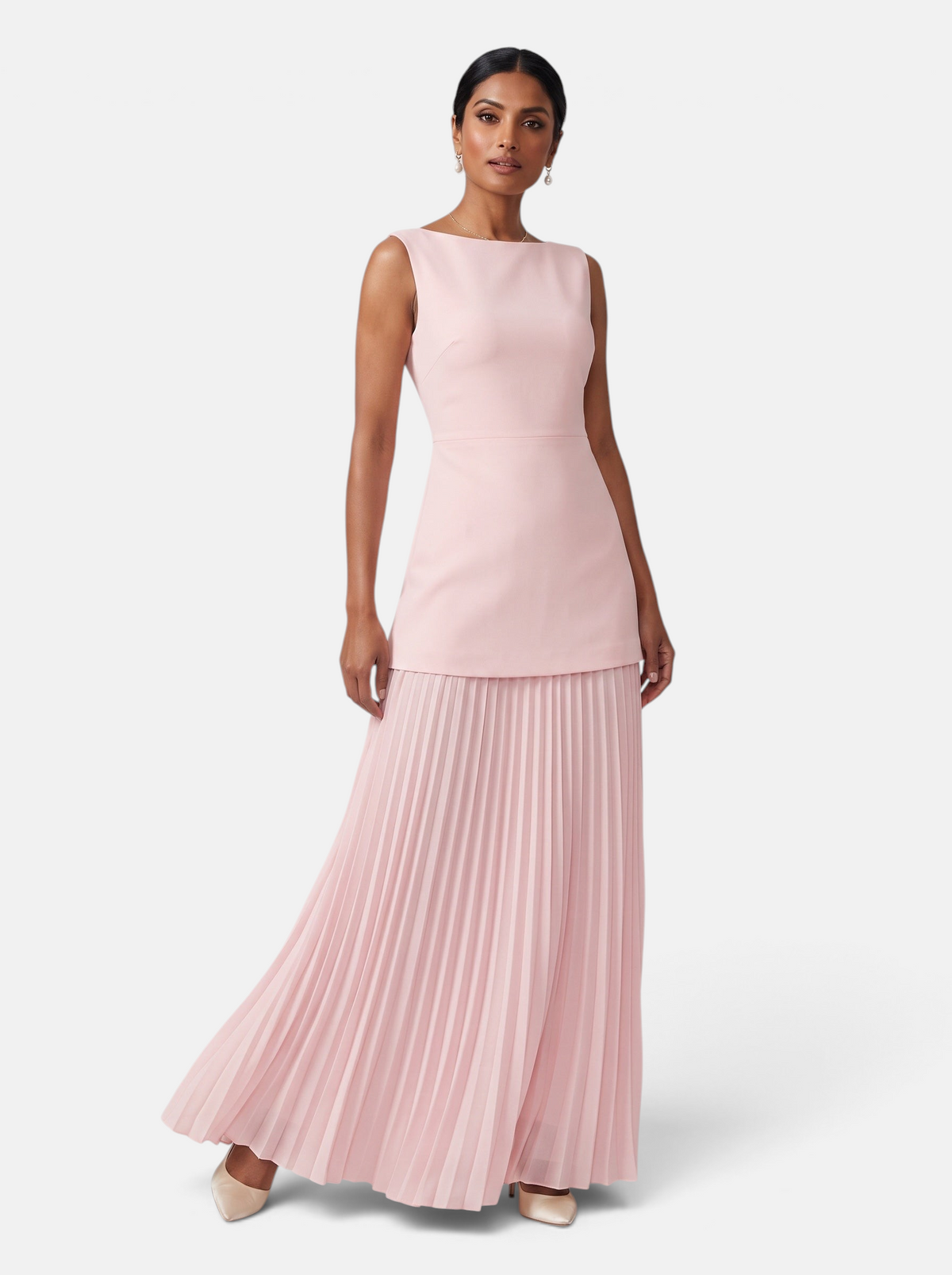 Women's Knit Crop Vest and Pleated Skirt Two-Piece Set in Pink - Front View