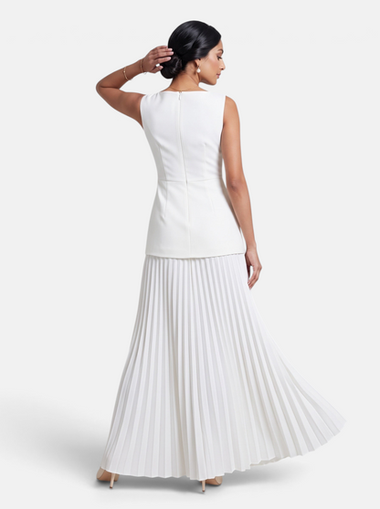 Women's Knit Crop Vest and Pleated Skirt Two-Piece Set in White - Back View
